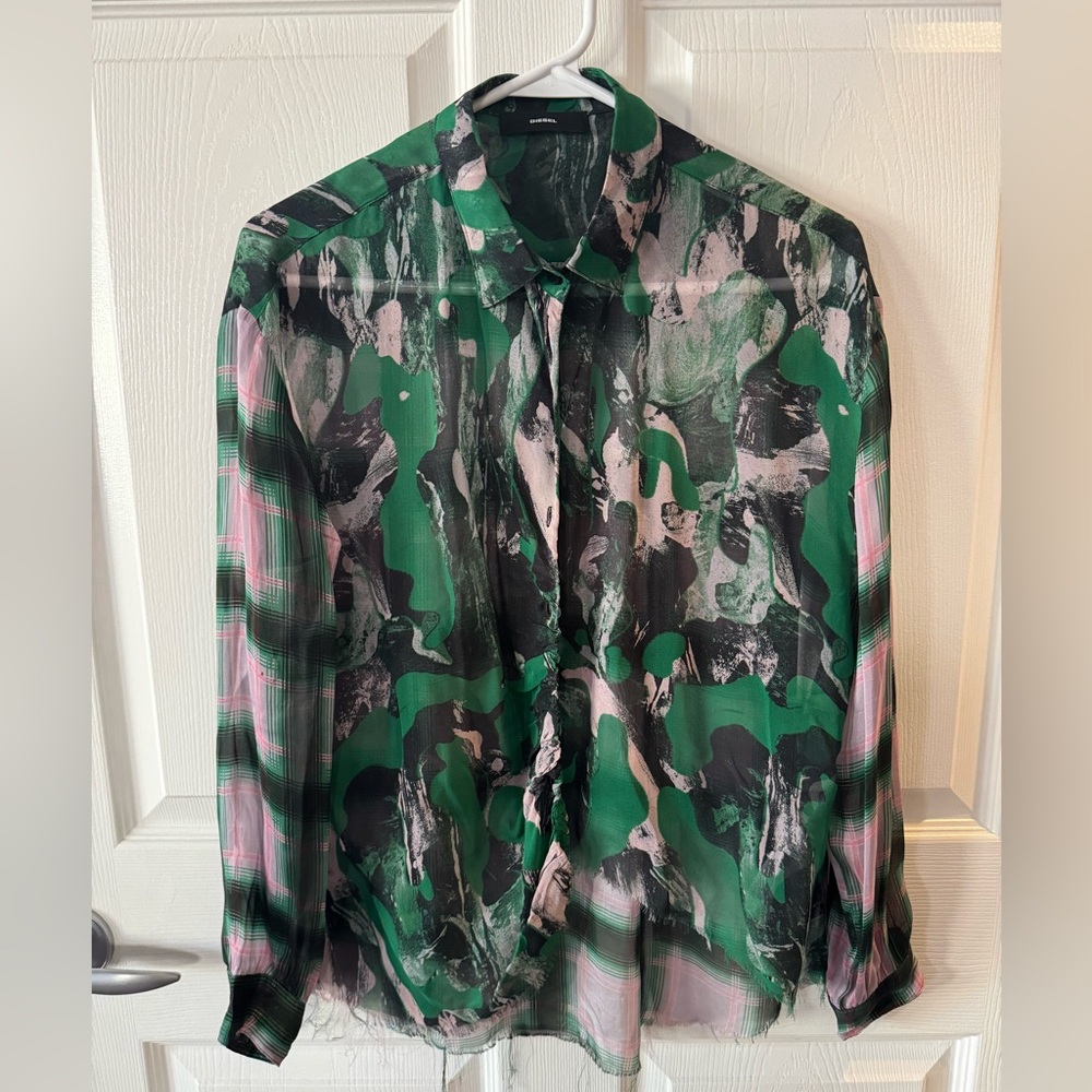 Diesel sheer green and pink button down long sleeve top.